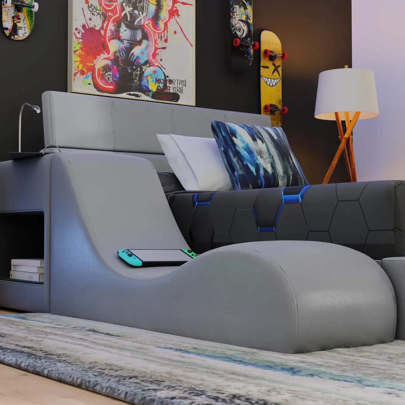 Blaine Modular Full Bed with Built-in Nightstand, Lounge Chair & Bookcase