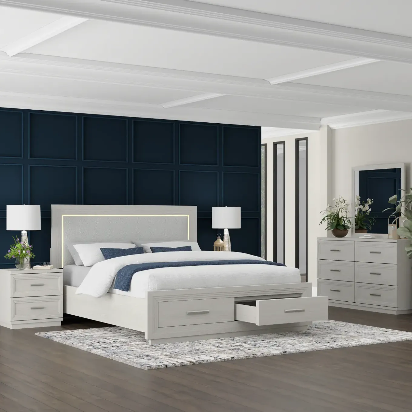 Burbank Bedroom Set Queen Storage Bed, Dresser, Mirror & Nightstand