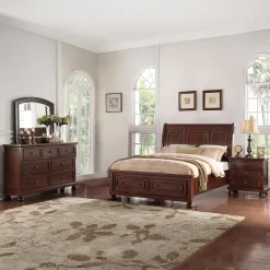 Cortland Cherry Bedroom Set Queen Sleigh Bed, Dresser, Mirror & Nightstand