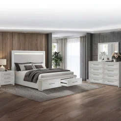 Laurel California King Bench Storage Bed, Dresser, Mirror & Nightstand