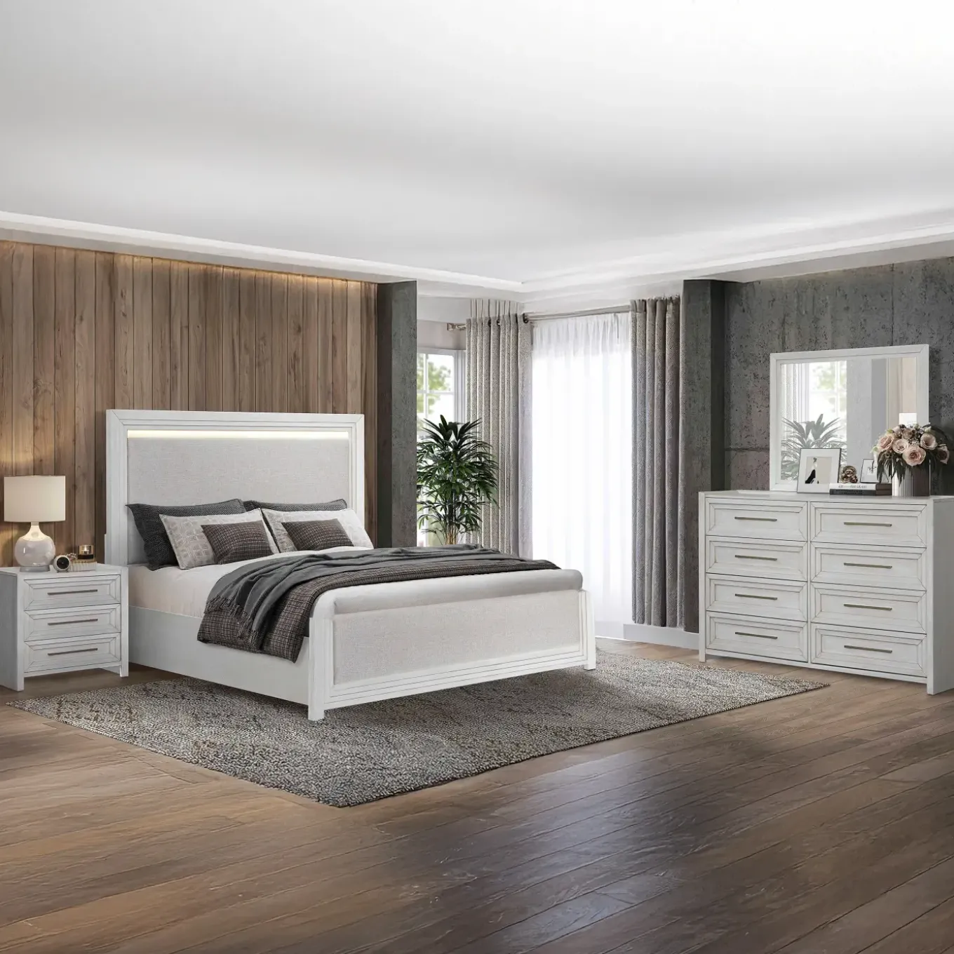 Laurel California King Panel Bed, Dresser, Mirror & Nightstand