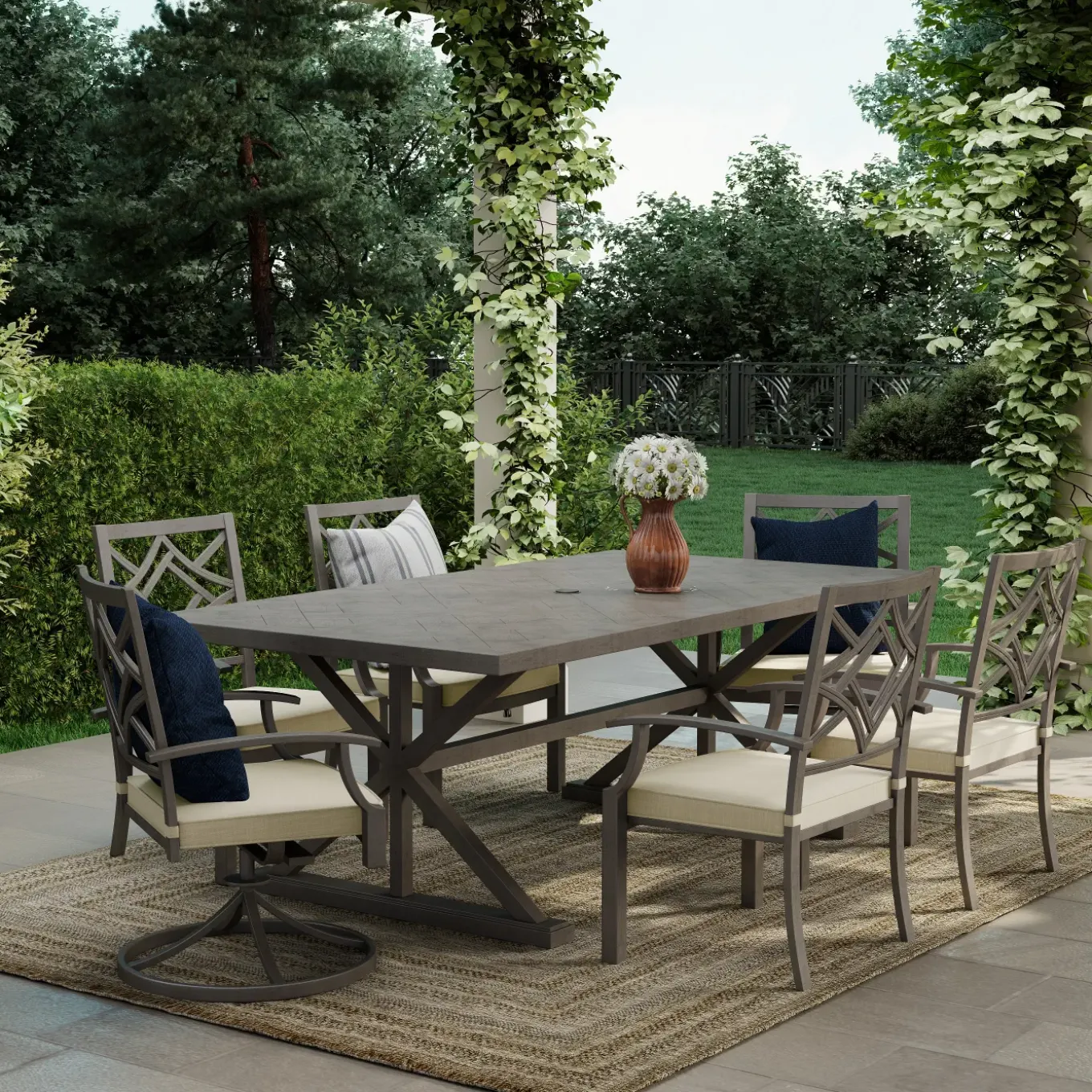 Saint Lucia Outdoor Dining Set-New! 7pc Dining Set: Table, 4 Armchairs & 2 Swivel Armchairs