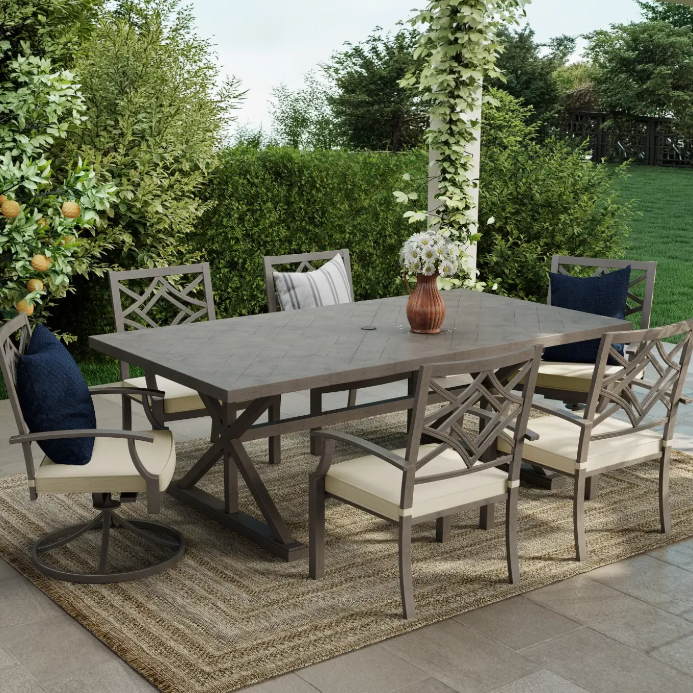 Saint Lucia Outdoor Dining Set-New! 7pc Dining Set: Table, 4 Armchairs & 2 Swivel Armchairs
