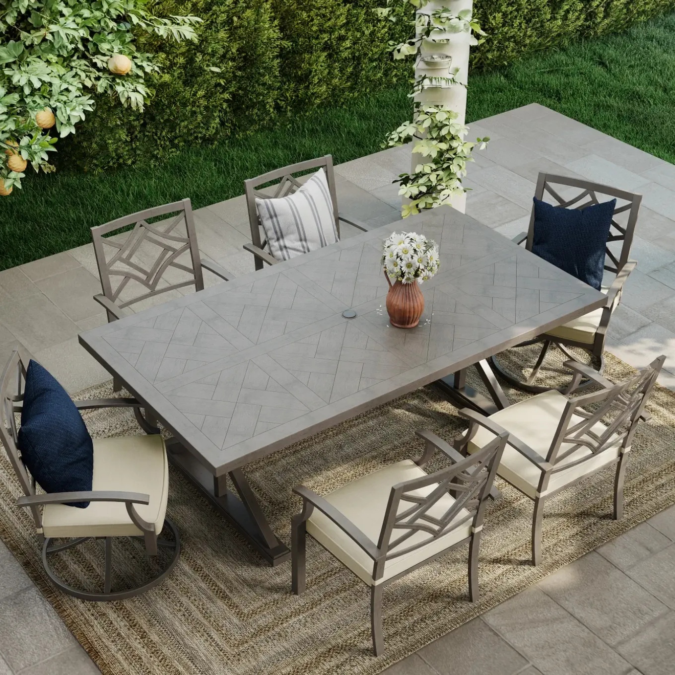 Saint Lucia Outdoor Dining Set-New! 7pc Dining Set: Table, 4 Armchairs & 2 Swivel Armchairs