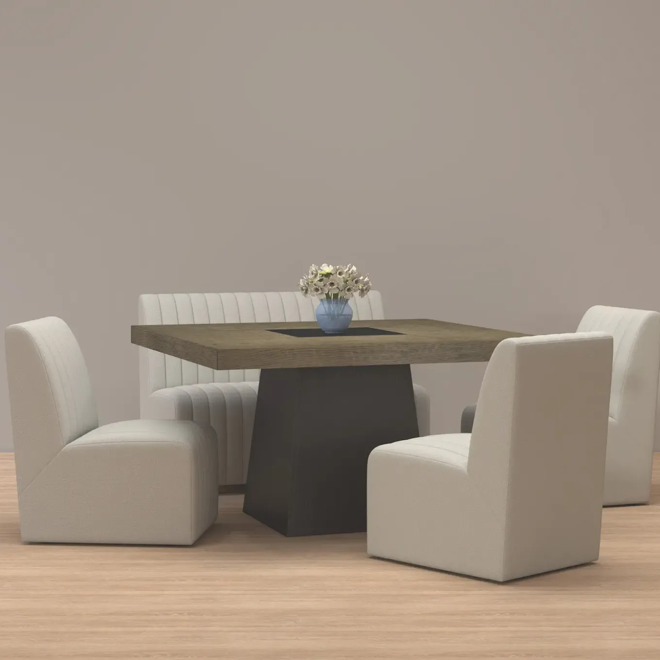 Zander 5pc Dining Set: Table, 3 Upholstered Side Chairs & Bench