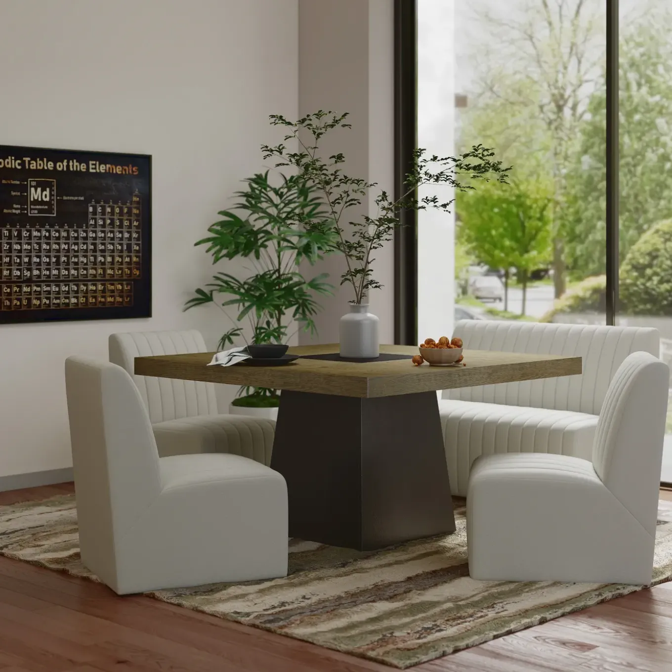 Zander 5pc Dining Set: Table, 3 Upholstered Side Chairs & Bench