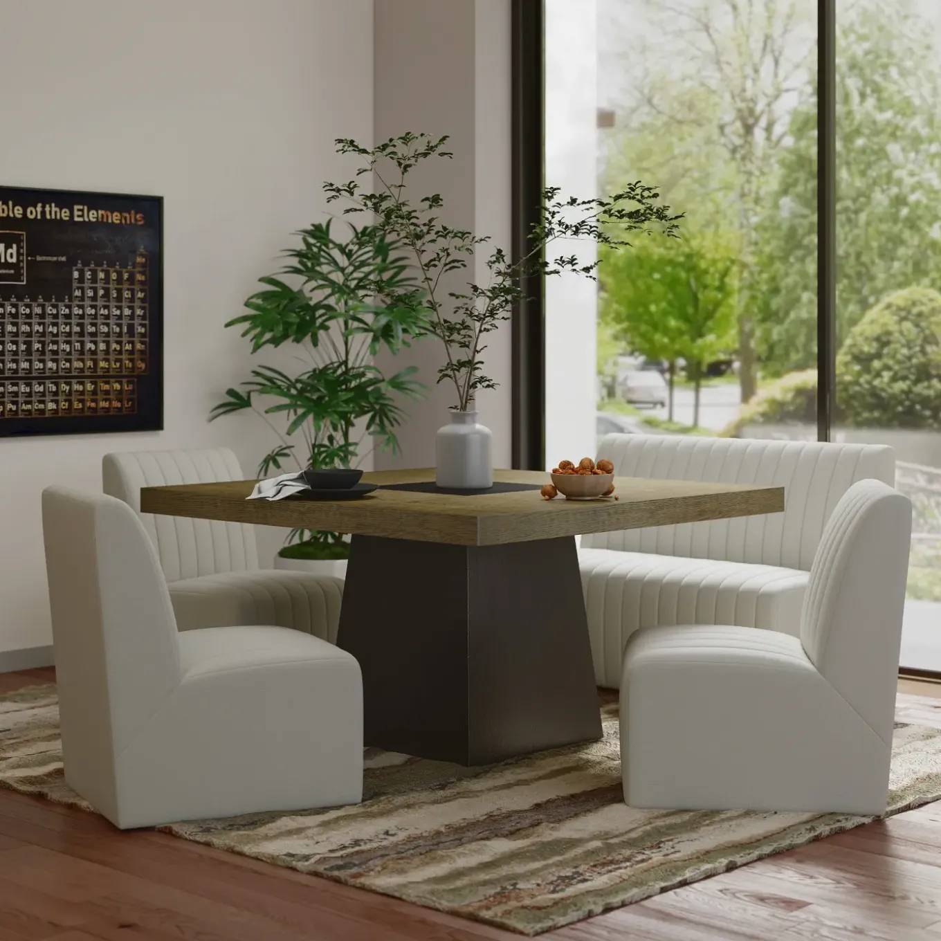 Zander 5pc Dining Set: Table, 3 Upholstered Side Chairs & Bench